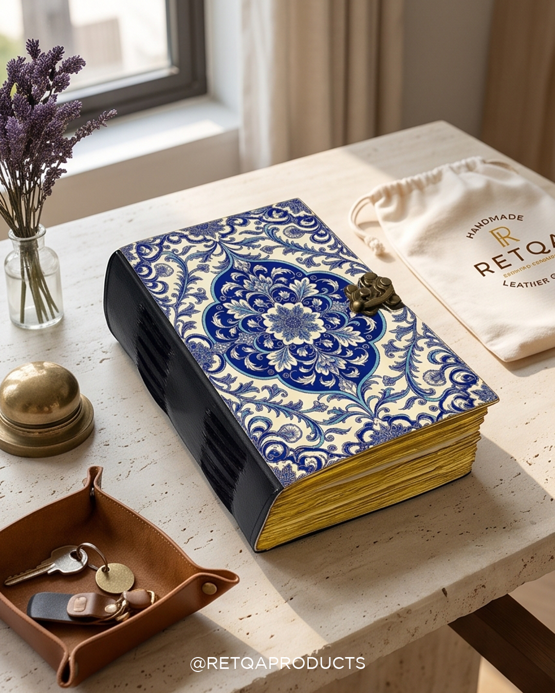 Blue Floral Lock Journal, Blank Spell Book, Deckle Edge Paper