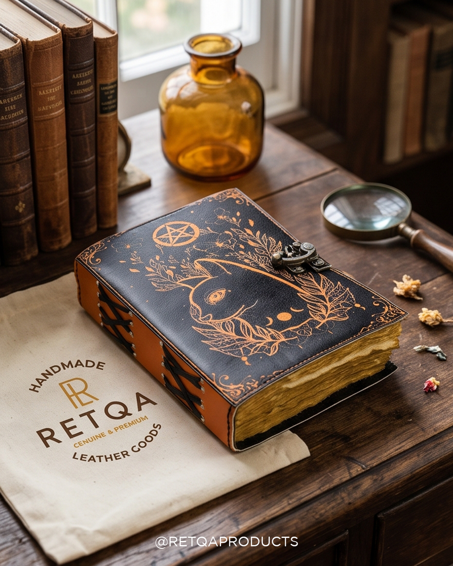 Celtic Cat Leather Journal: Blank Book of Shadows, Vintage Lock