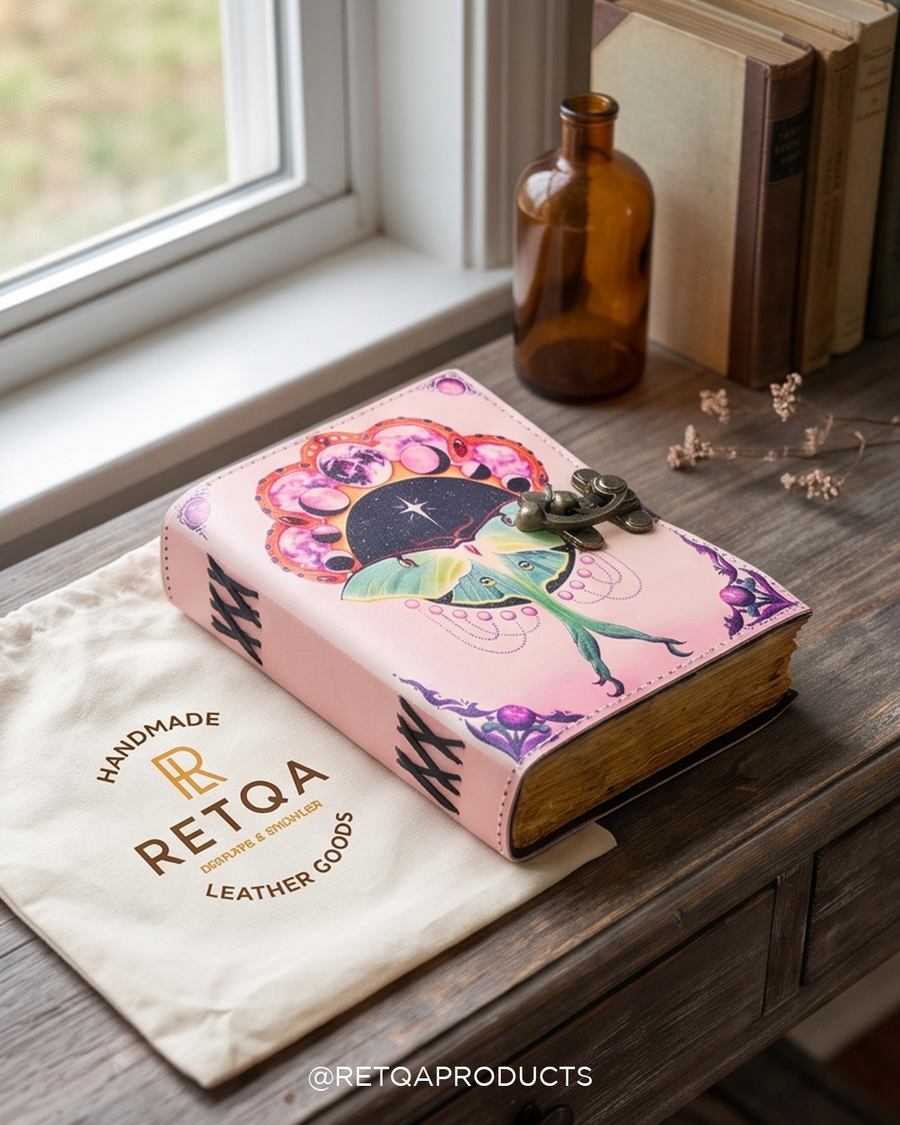 Pink Luna Moth Leather Journal - Vintage Spell Book Grimoire