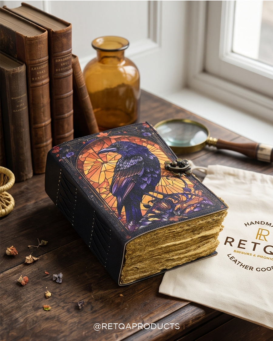 Purple Raven Leather Journal, Blank Spell Book, Deckle Edge Paper
