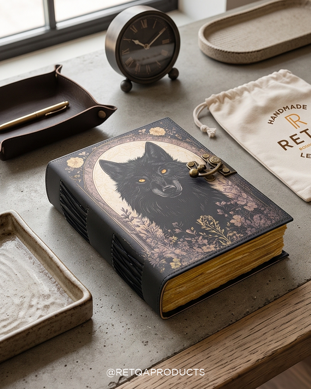 Black Wolf Leather Journal, Blank Spell Book, Deckle Edge Paper
