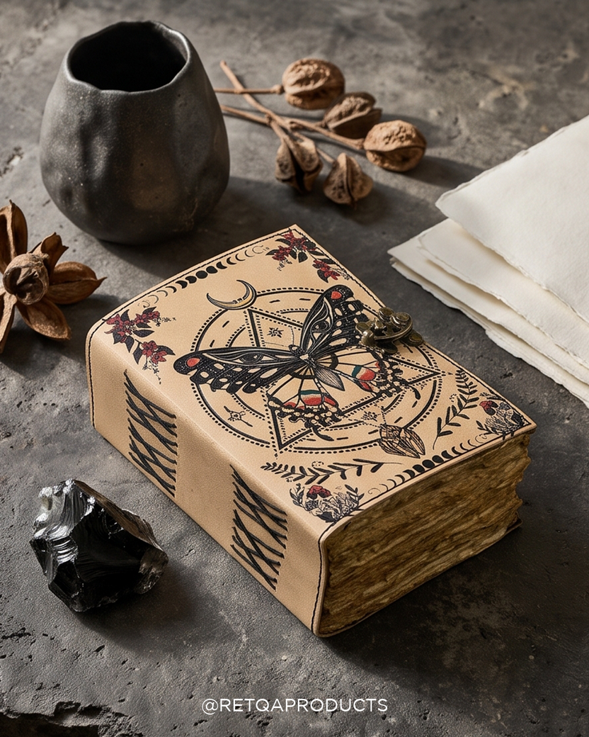 Butterfly Leather Journal, Celestial Moon Notebook, Boho Witchcraft Di ...